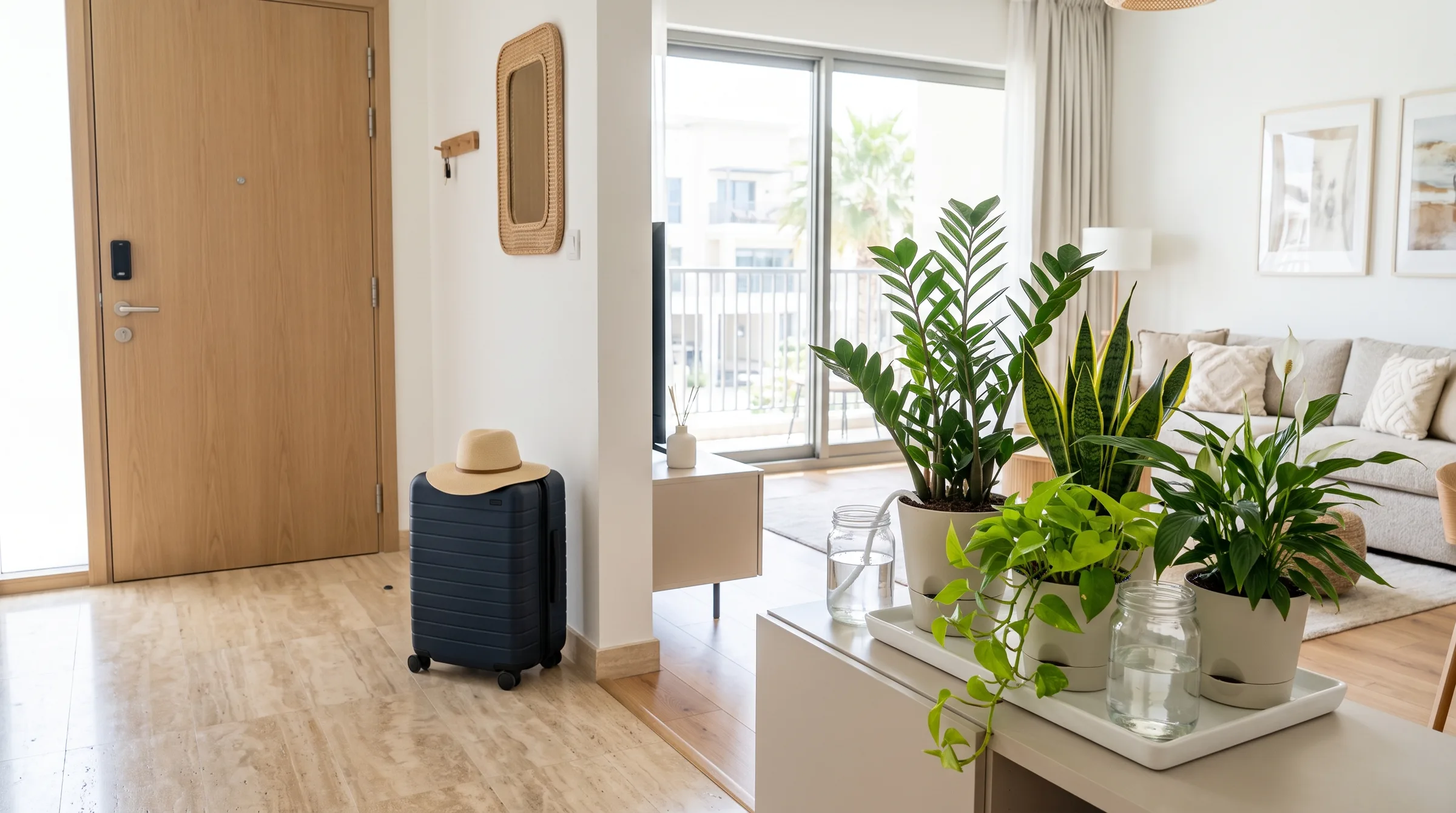 Houseplants grouped in self-watering pots on a tray beside a packed suitcase in a Dubai apartment