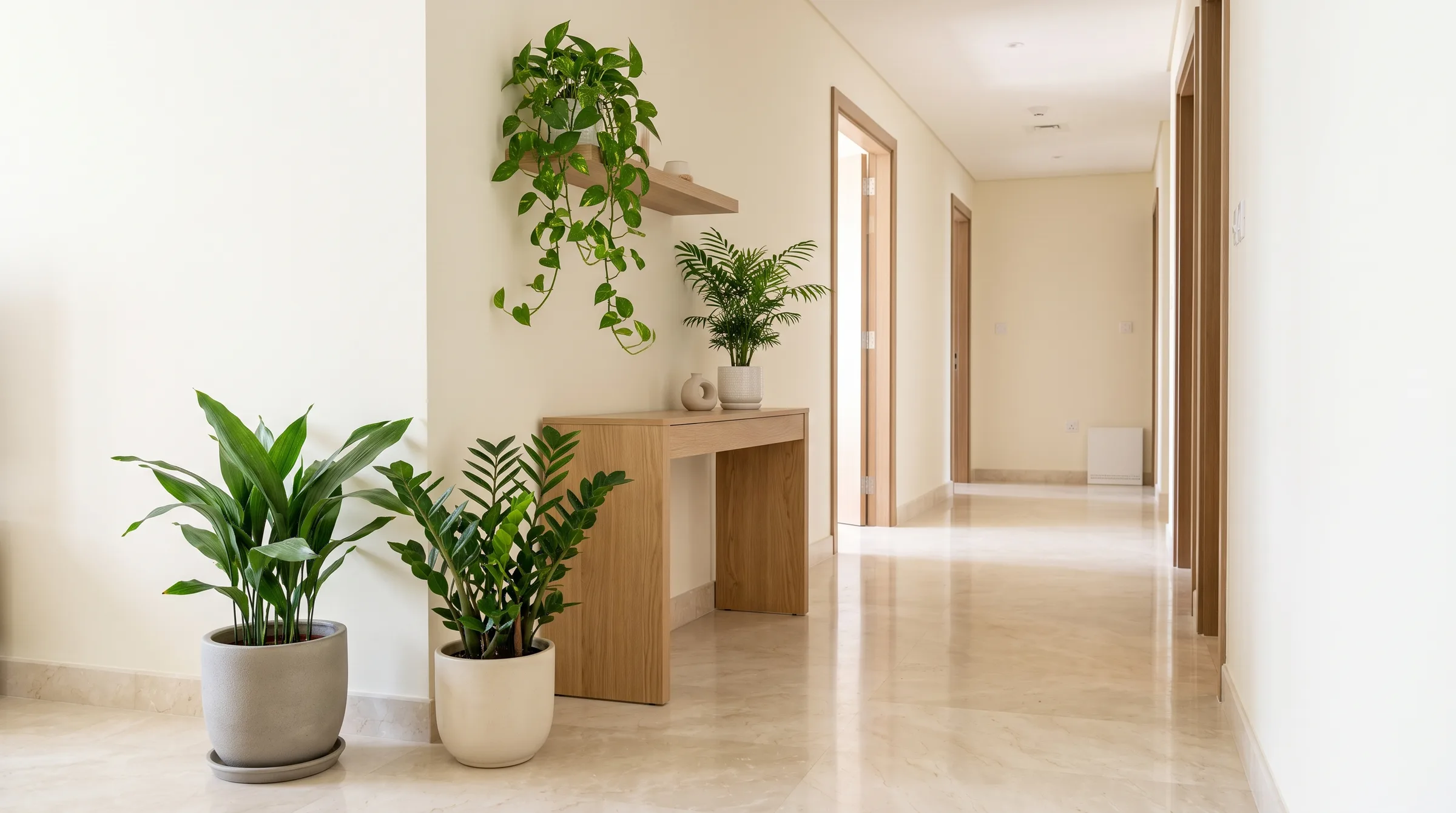 Low-light plants in a calm Dubai apartment hallway: cast iron plant, ZZ plant, parlour palm and trailing pothos