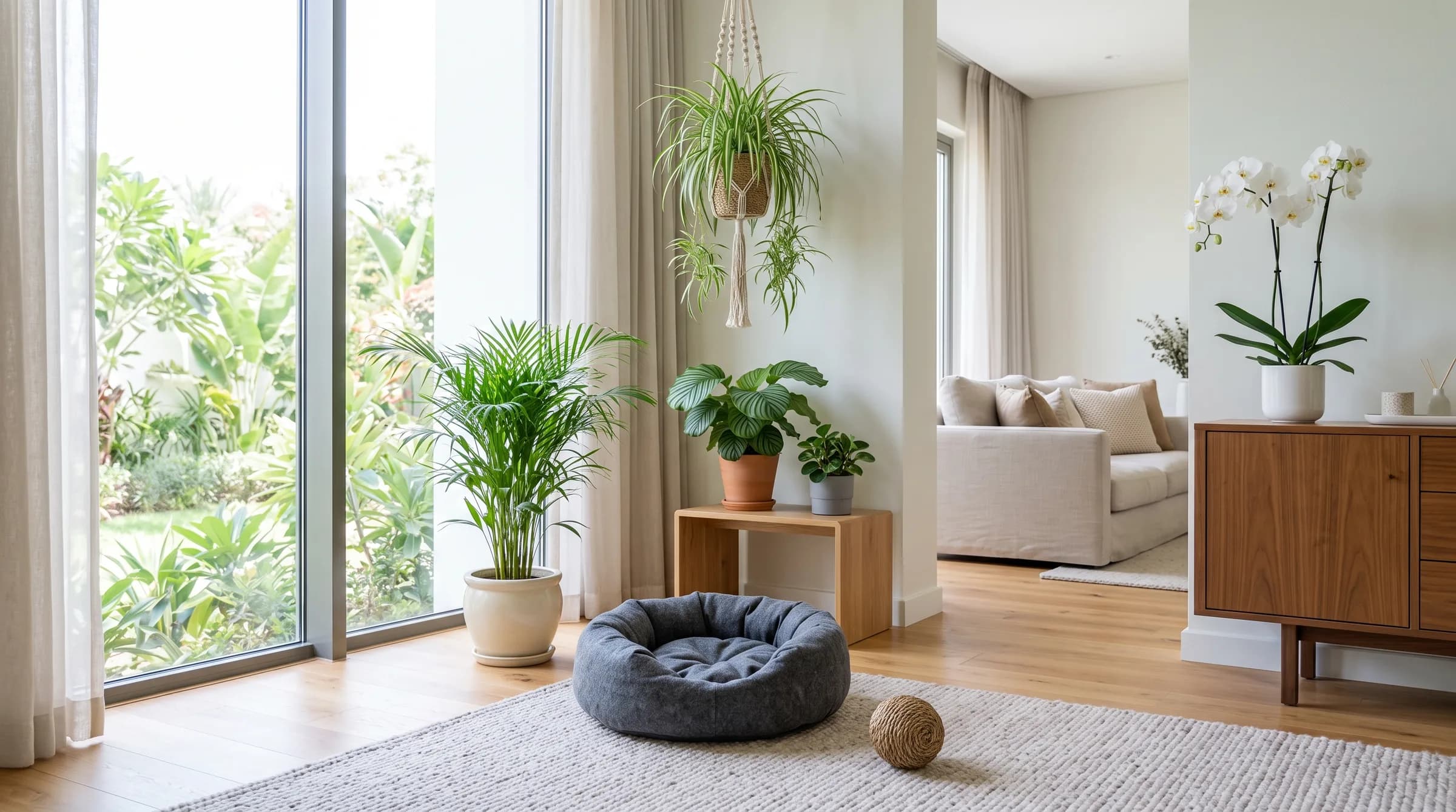 A pet bed and toy in a bright Dubai living room among pet-safe plants: spider plant, parlour palm, calathea, peperomia and an orchid