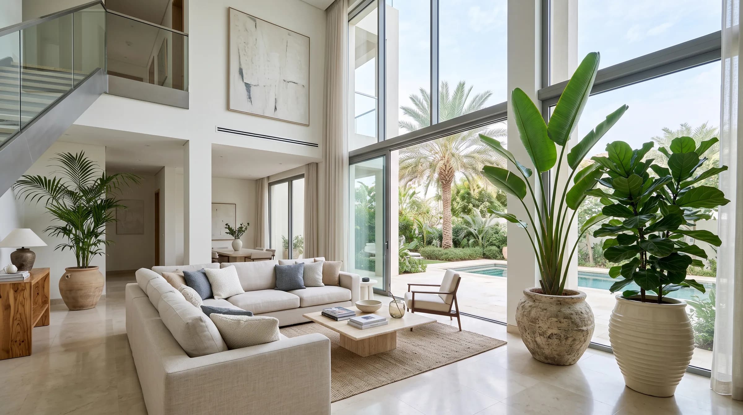 Statement floor plants in a bright Dubai villa: a tall bird of paradise, a fiddle-leaf fig and a kentia palm by tall glazing