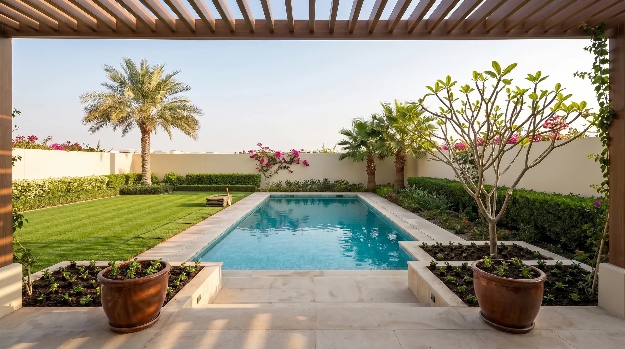 A Dubai villa garden in autumn: freshly planted beds of young seedlings in dark soil around the pool, a striped lawn and a bare frangipani in soft golden light