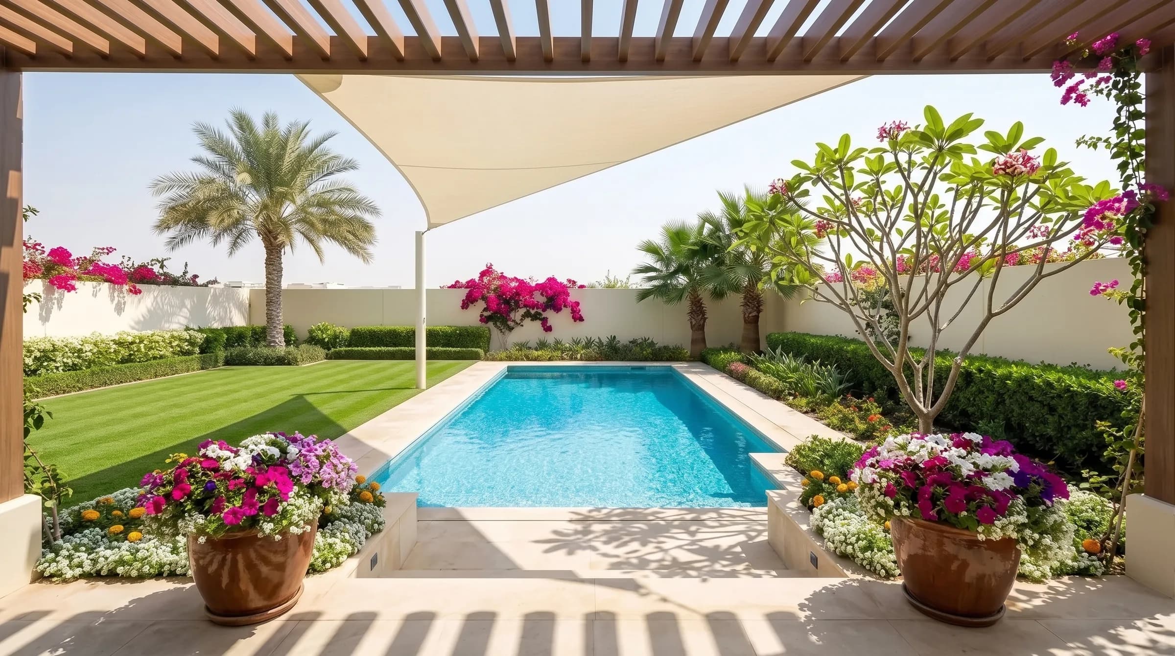 A Dubai villa garden in summer: a cream shade sail over the terrace, bougainvillea in bloom, a green lawn and flower-filled planters beside a bright turquoise pool