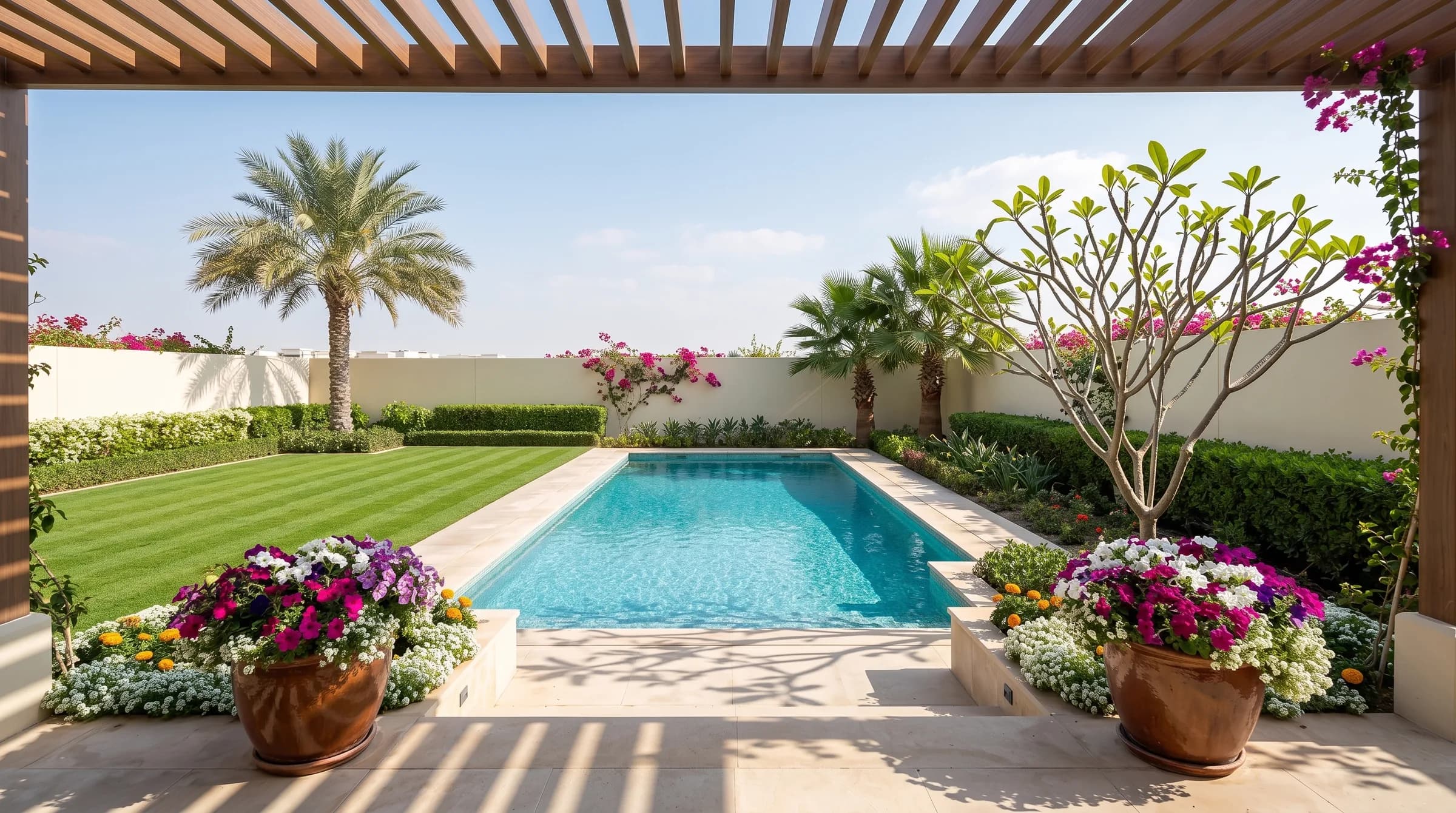 A Dubai villa garden in winter: a turquoise pool beside a striped green lawn, terracotta planters overflowing with petunias and white alyssum, and a bare-branched frangipani under a clear sky