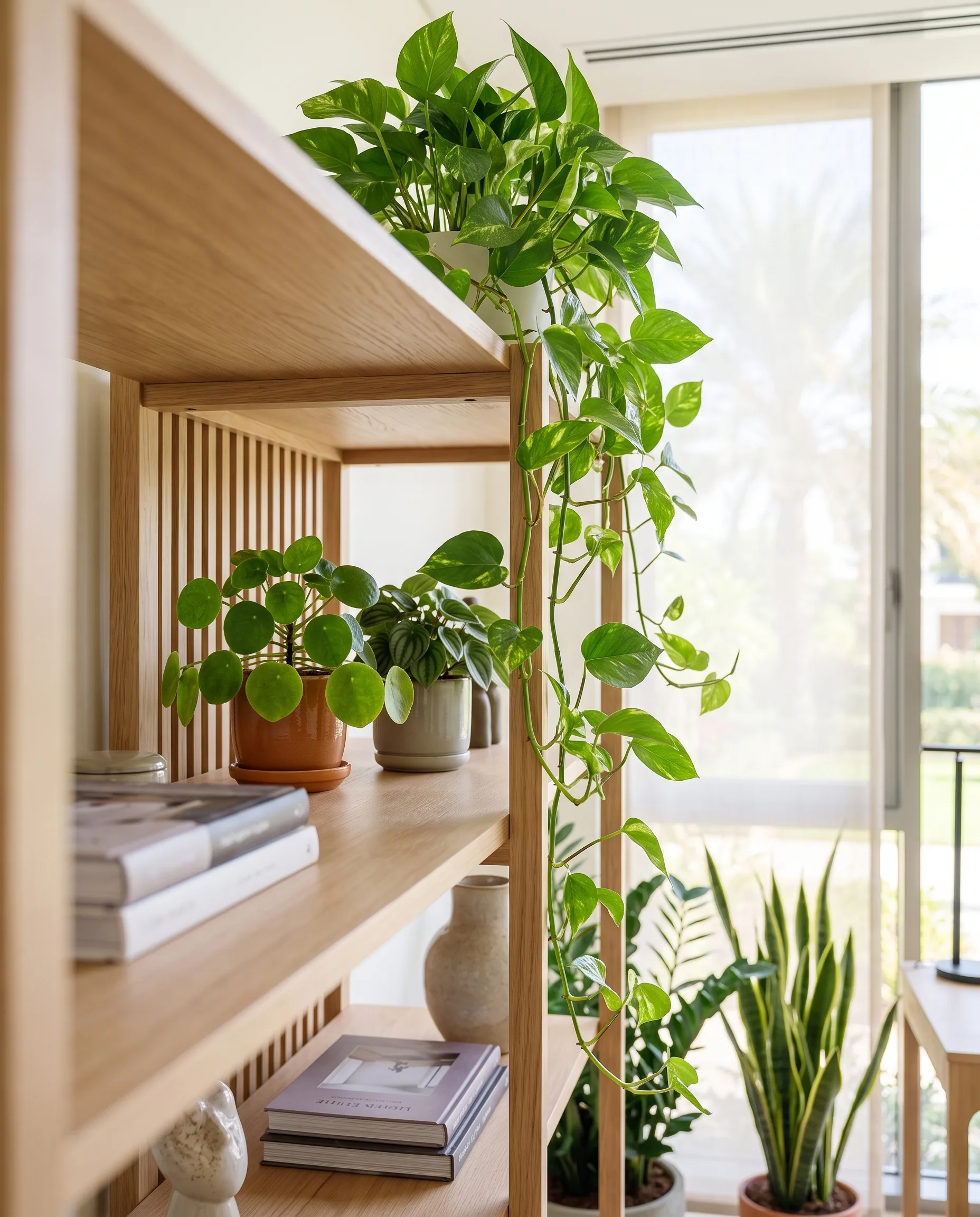 An oak shelf in a Dubai home office with trailing pothos, a Chinese money plant and a peperomia