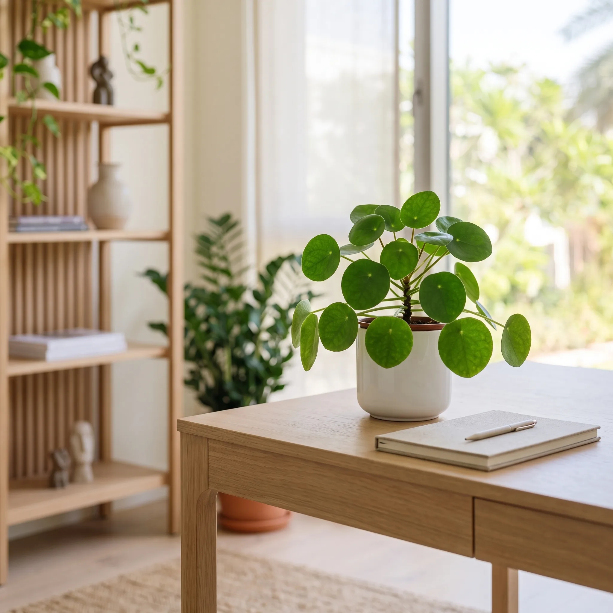 A Chinese money plant with round leaves in a white glazed pot on an oak desk
