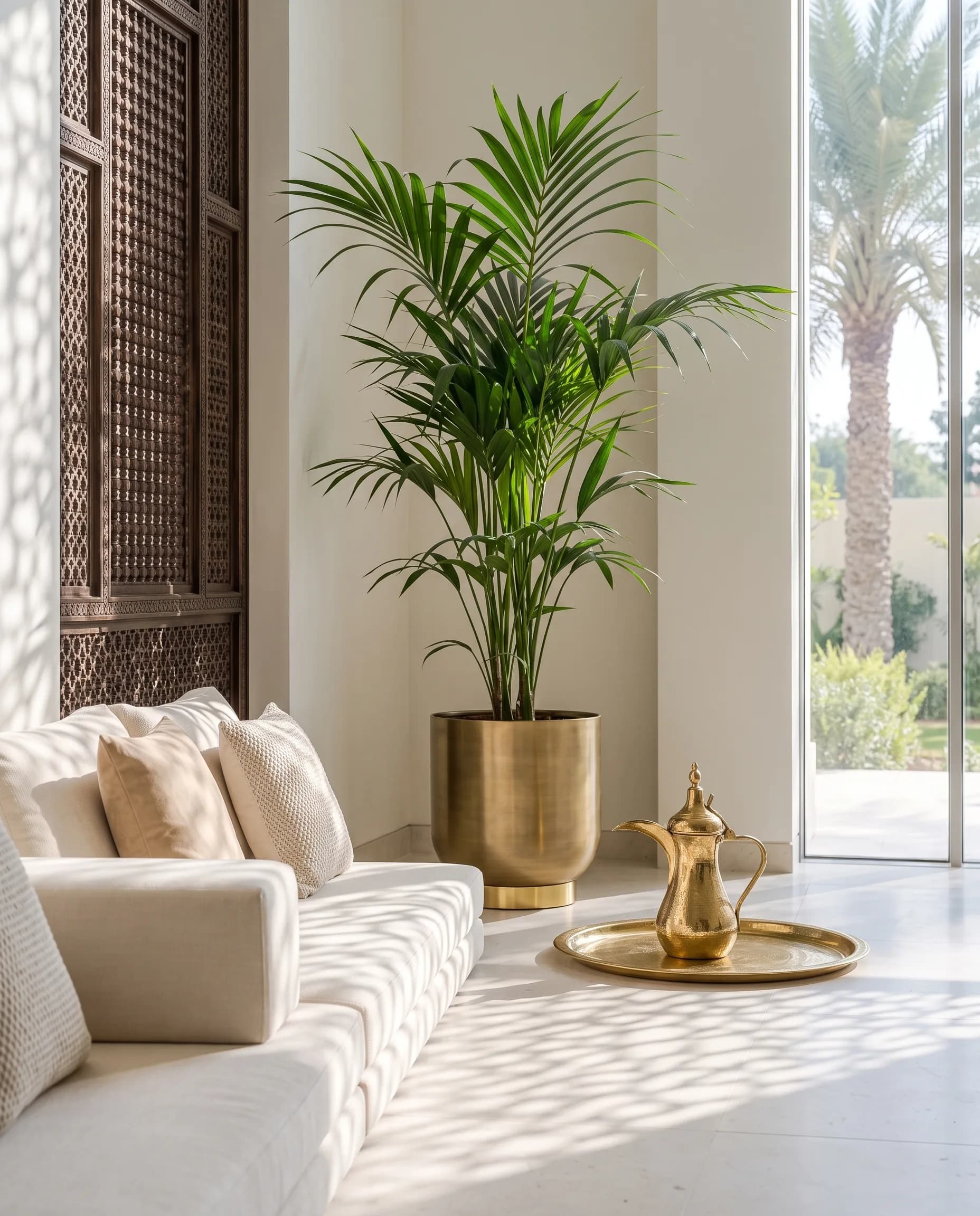 A kentia palm in a brass planter beside low majlis seating, with mashrabiya-pattern light on a limestone floor