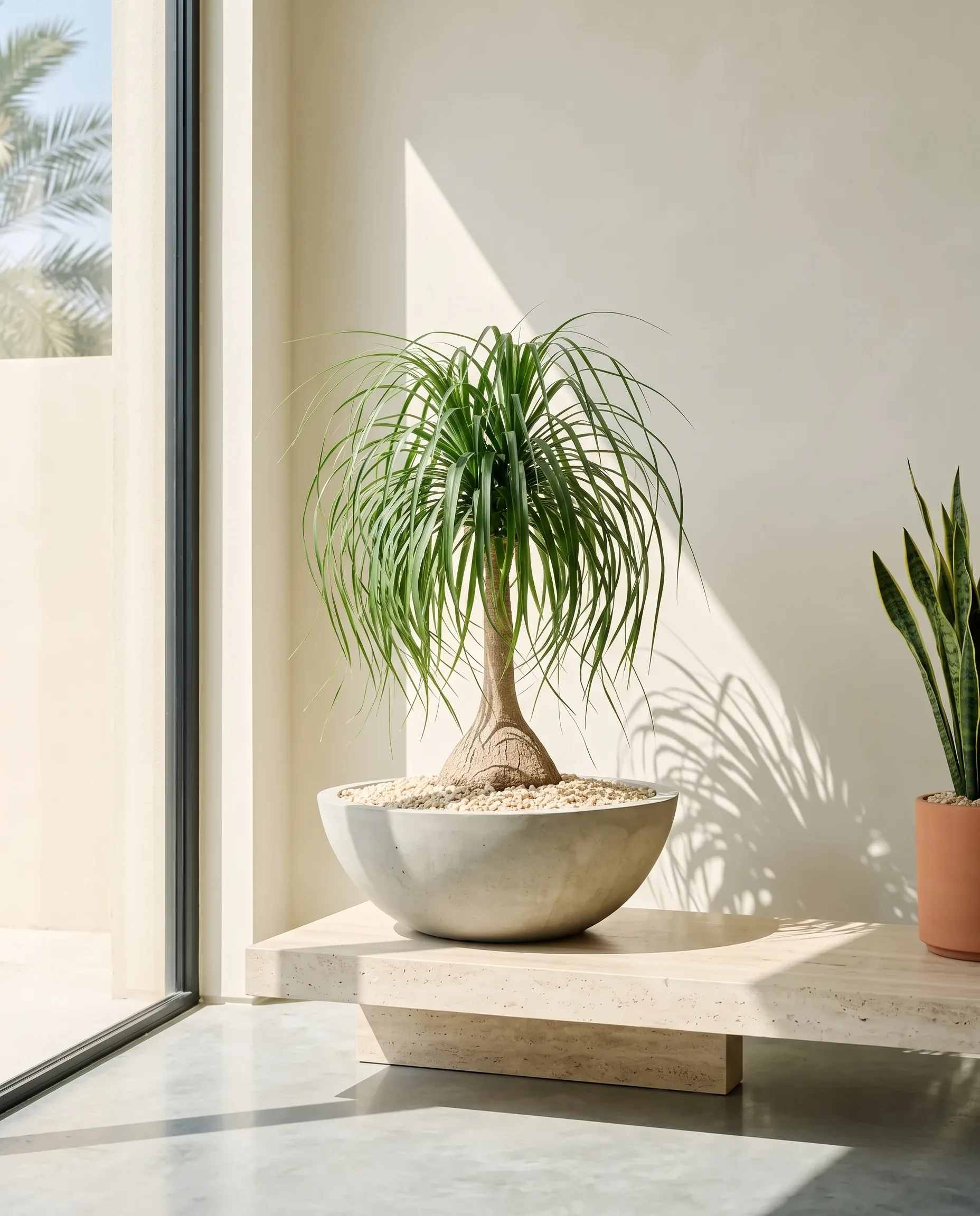 A ponytail palm in a wide concrete bowl on a travertine plinth in a minimal Dubai villa room