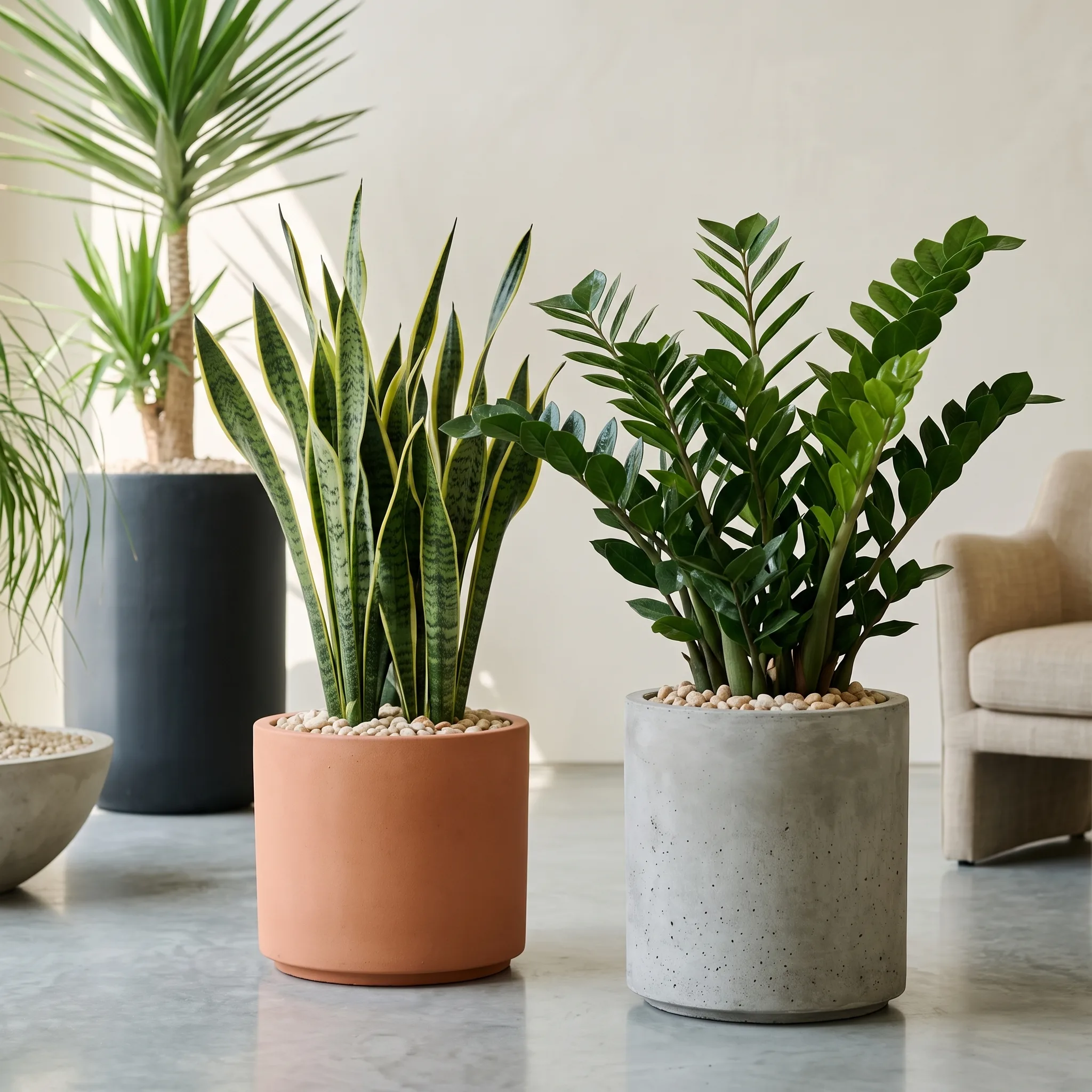 A snake plant and ZZ plant in terracotta and concrete cylinders top-dressed with pale gravel
