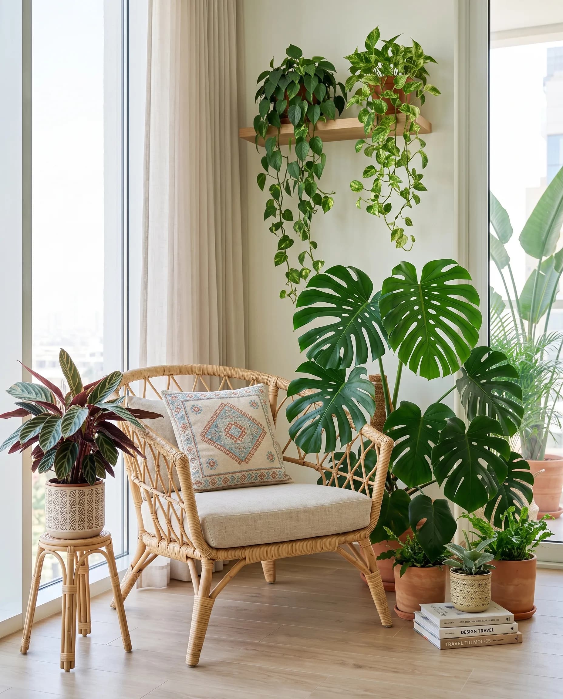 A rattan reading chair under a large monstera with pothos trailing from a timber shelf in a Dubai apartment
