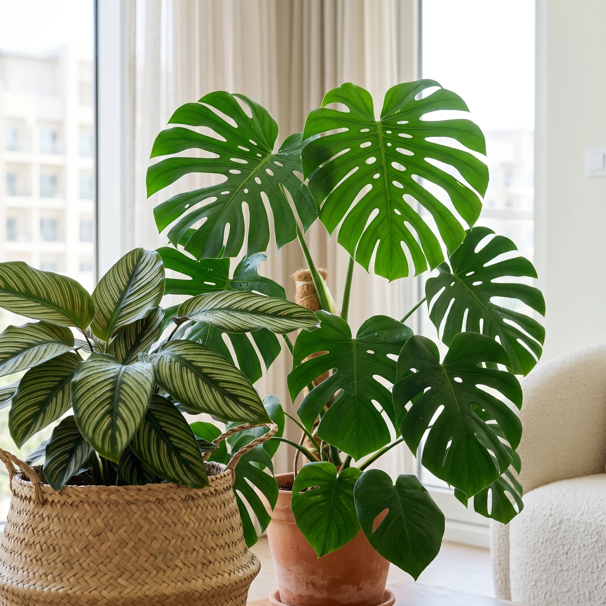 Monstera and patterned calathea leaves over a woven basket and terracotta pot