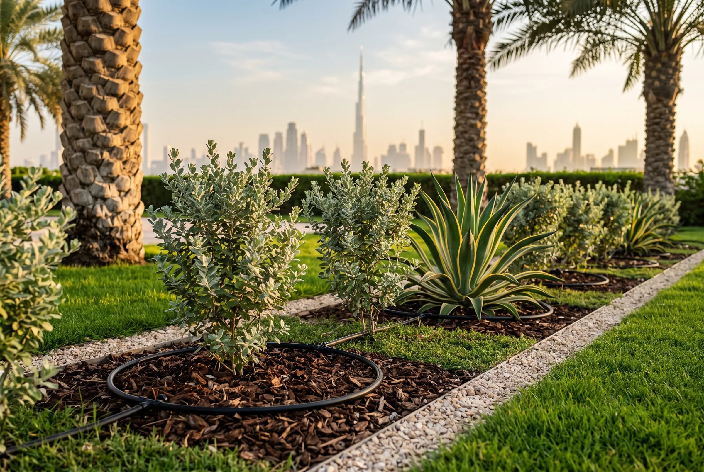 Black drip rings with inline emitters around young shrubs and an agave in fresh mulch basins, date palms framing a hazy Burj Khalifa skyline at dawn
