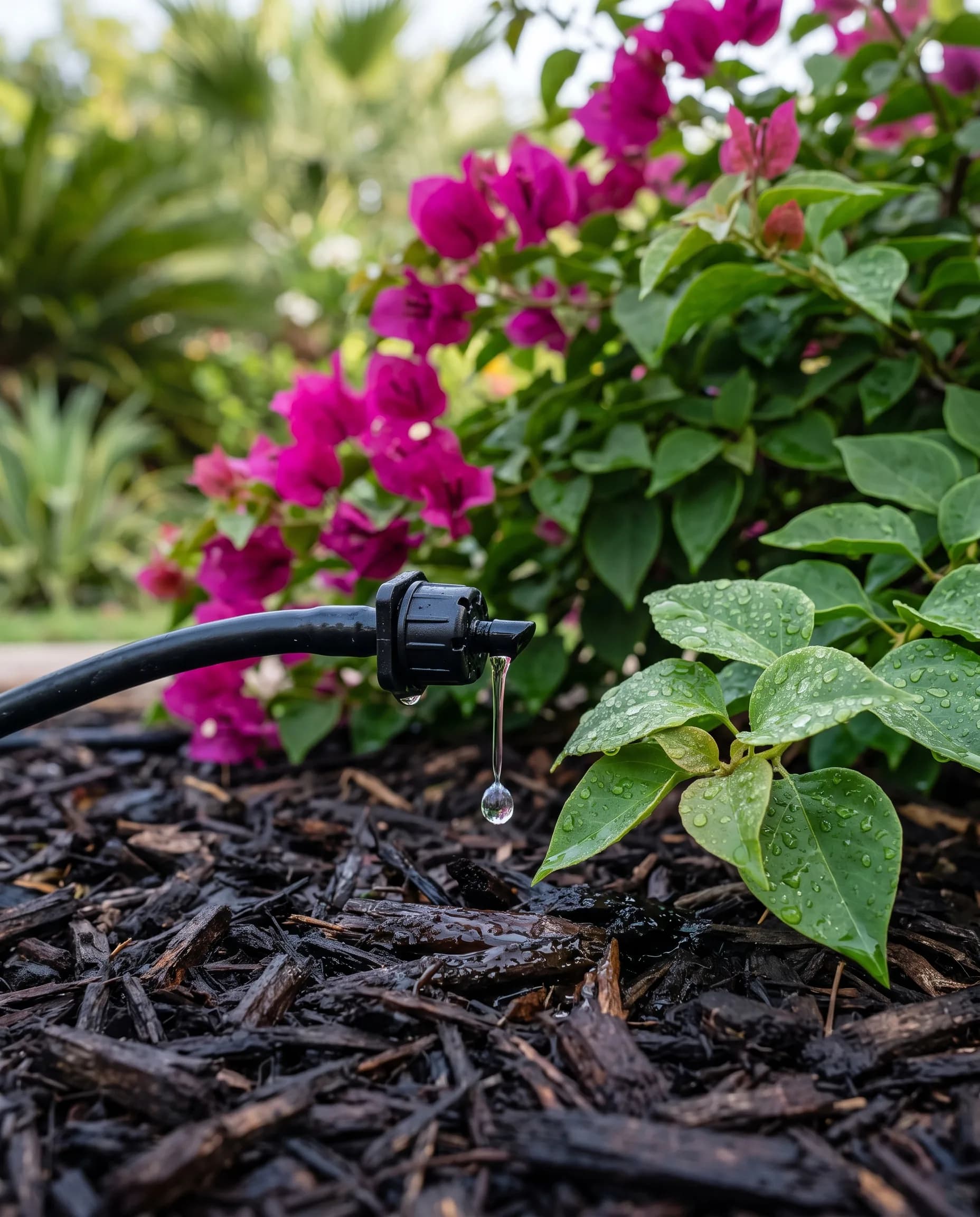 Macro shot of a drip emitter releasing a bead of water onto dark mulch at the base of a flowering bougainvillea, dew on the leaves