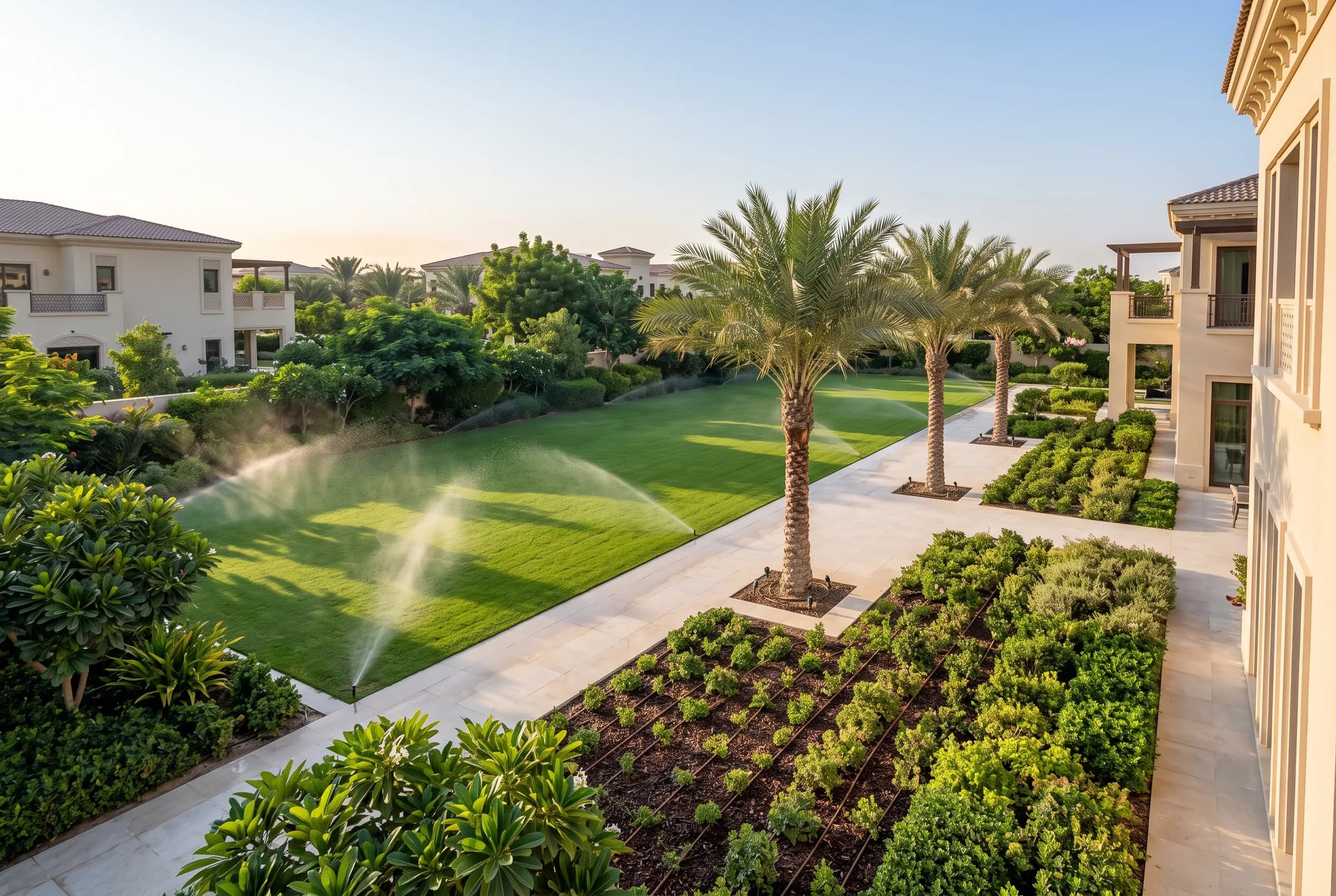 Elevated view of a villa garden's hydrozones: a misted lawn, beds on parallel drip lines, and bubblers at three young trees, a dry clean path between