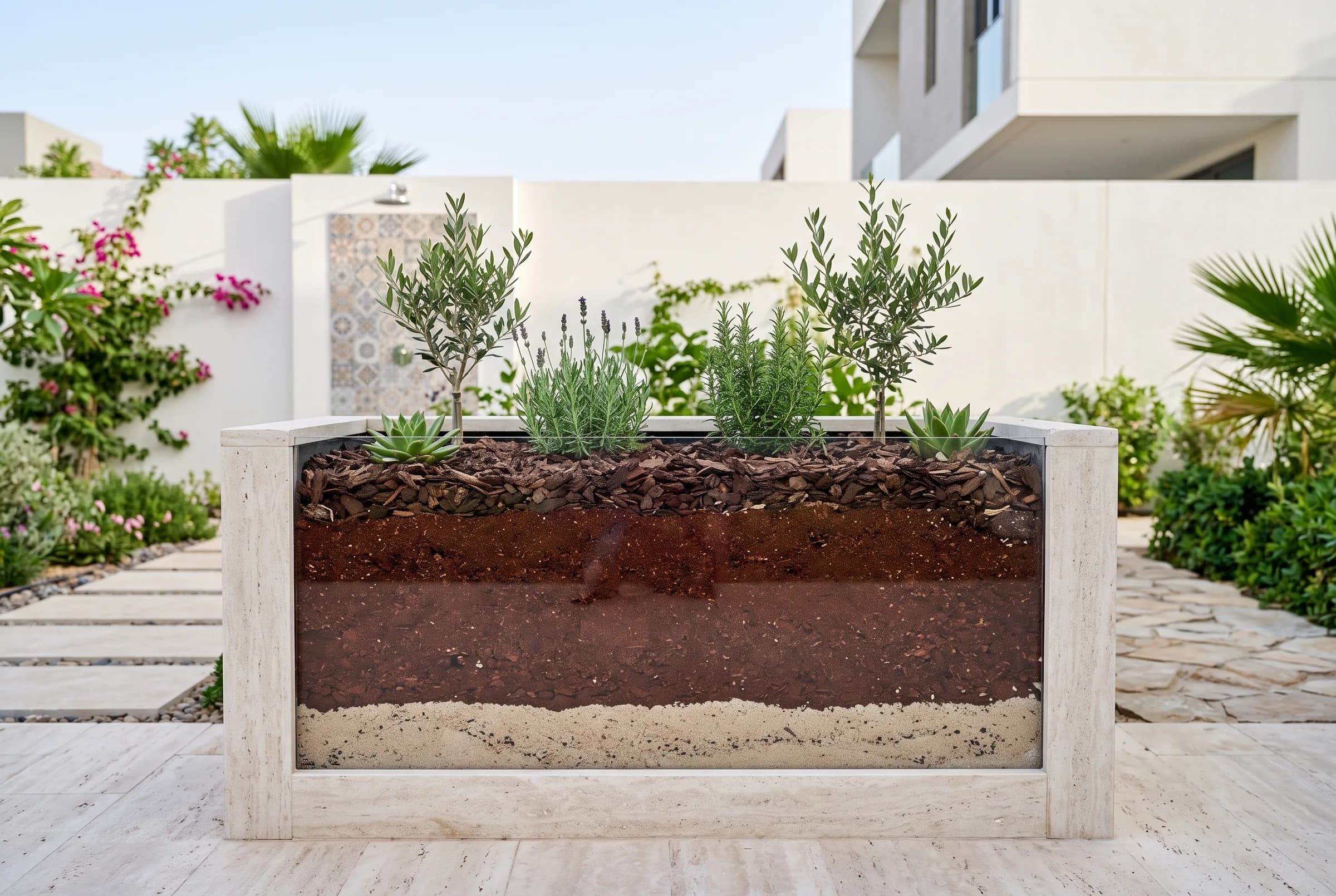 Educational cutaway of a raised planter showing a sand base, sweet soil blended with compost, and a bark mulch top layer with young plants