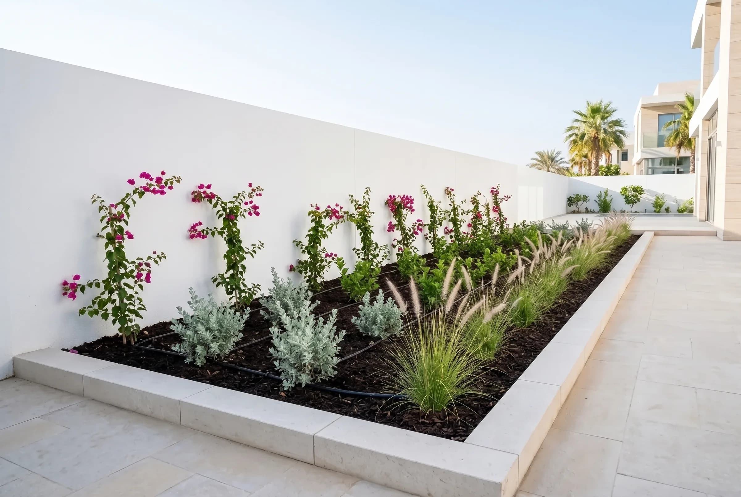 After: the same villa garden bed filled with dark sweet soil and compost, freshly planted with bougainvillea, texas sage and fountain grass