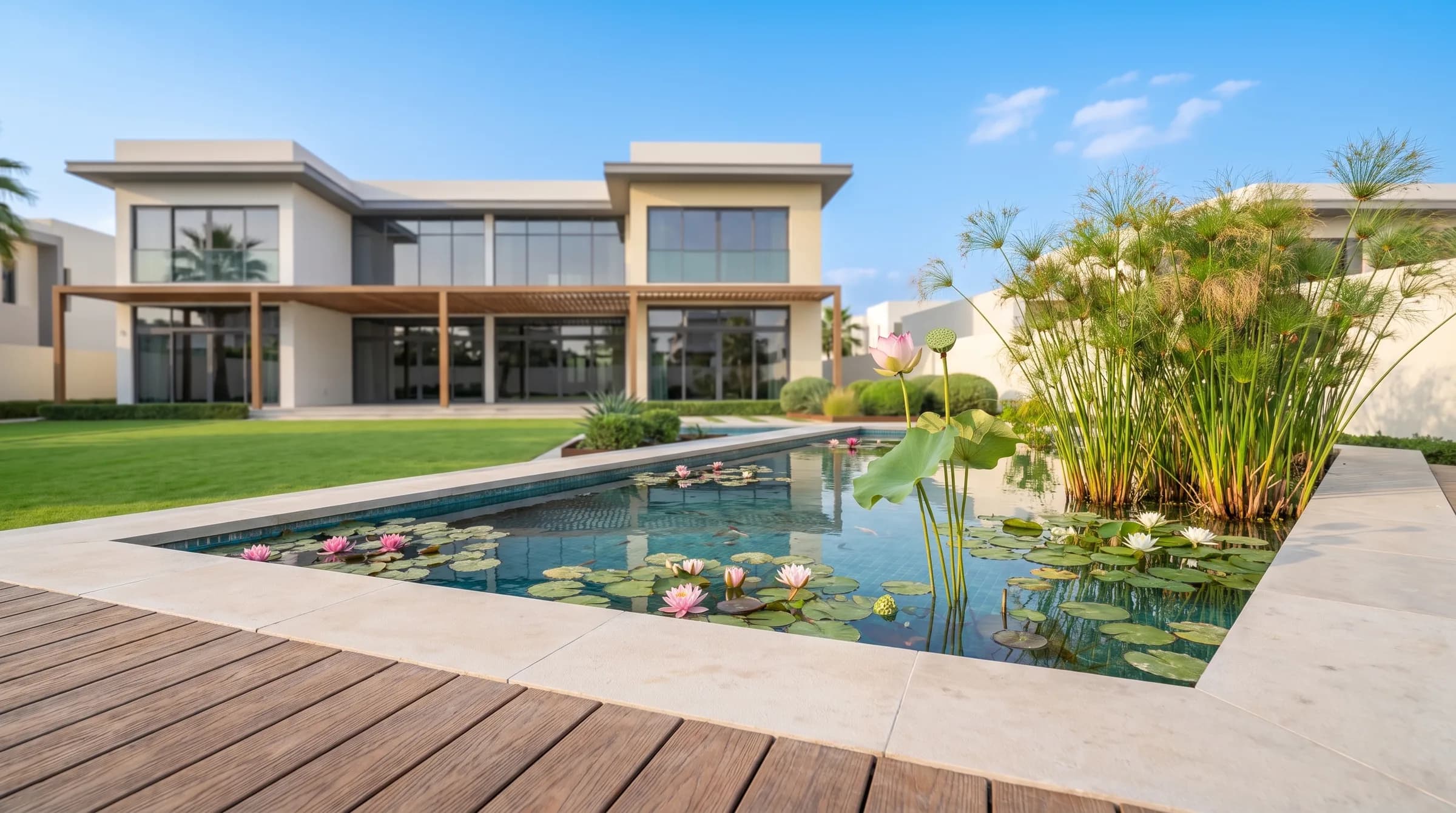 A contemporary lily pond in a Dubai villa garden with water lilies, a lotus and papyrus