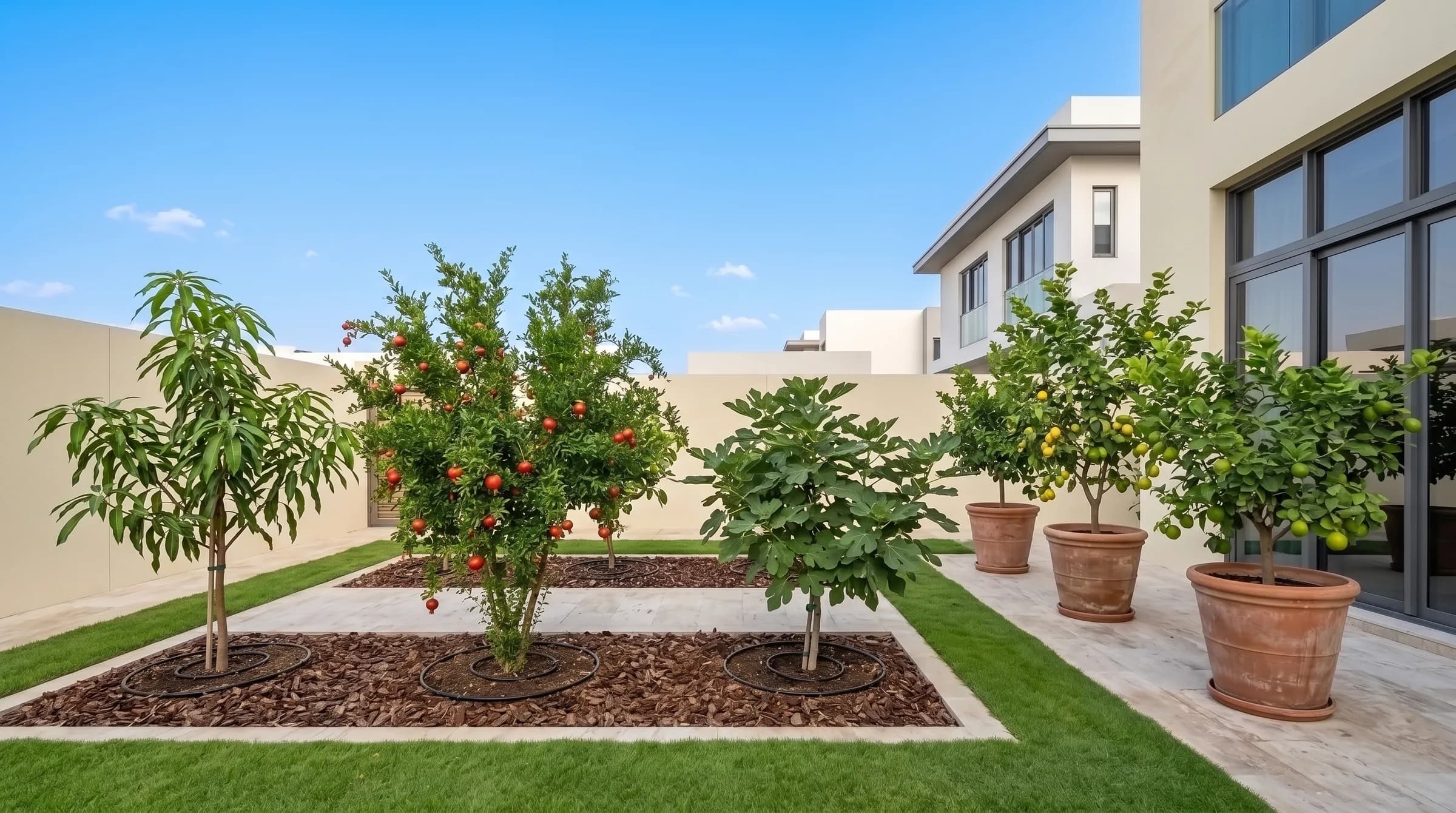 A small home orchard in a Dubai villa garden: mango, pomegranate with fruit, fig and citrus trees in pots