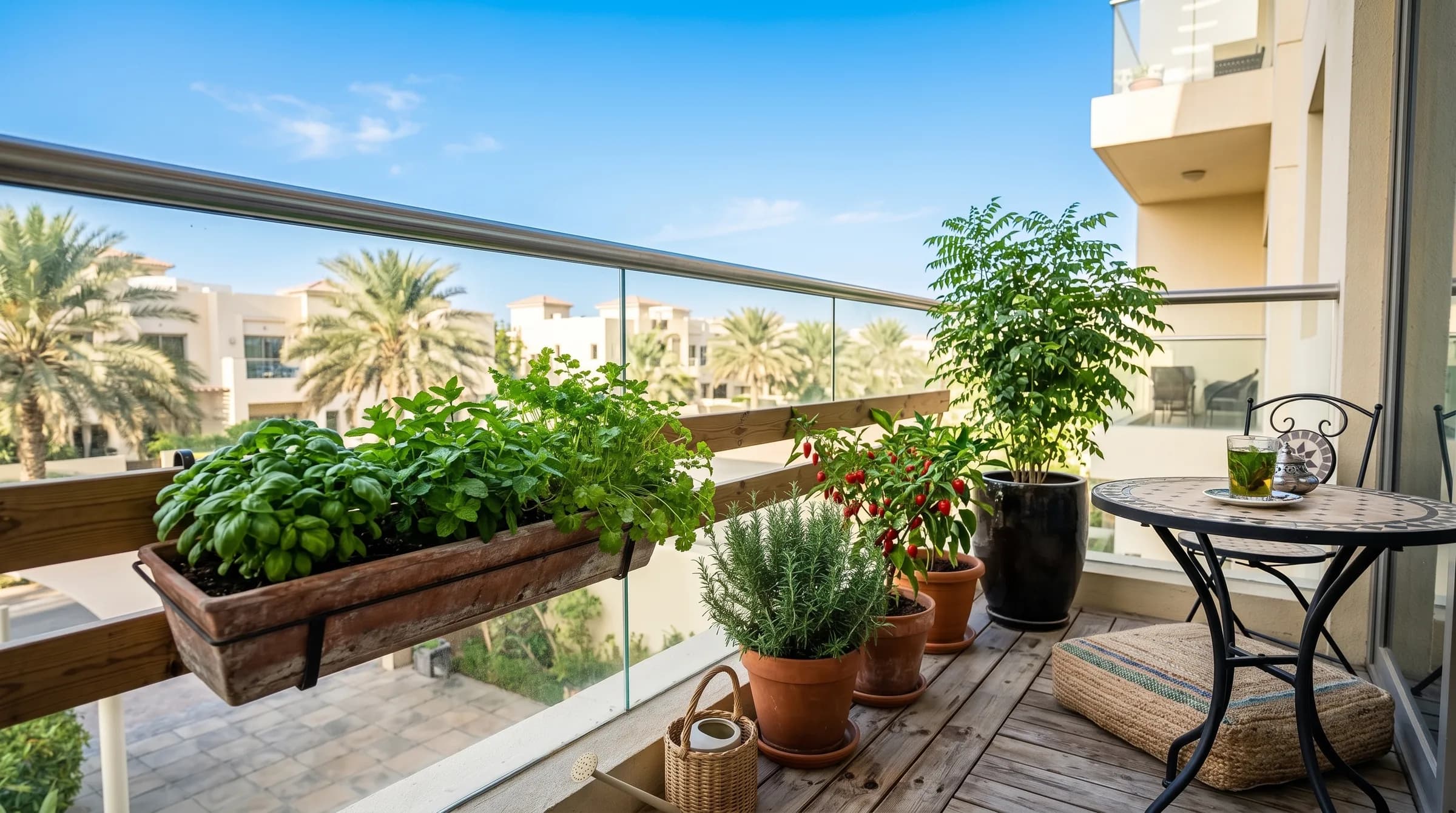 A sunny Dubai apartment balcony with pots of basil, mint, coriander, rosemary, chillies and a curry-leaf plant