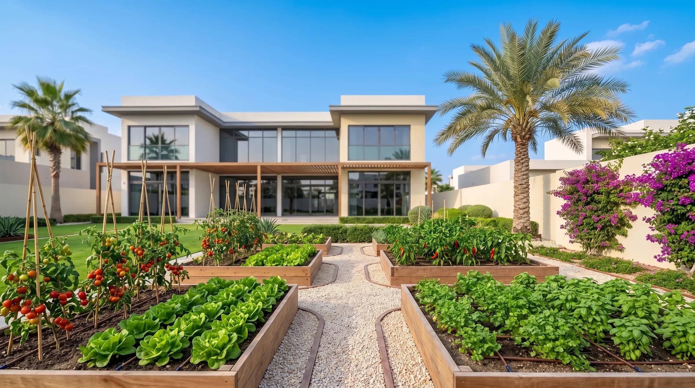 Raised timber vegetable beds with lettuce, tomatoes, chillies and herbs in a Dubai villa garden in winter