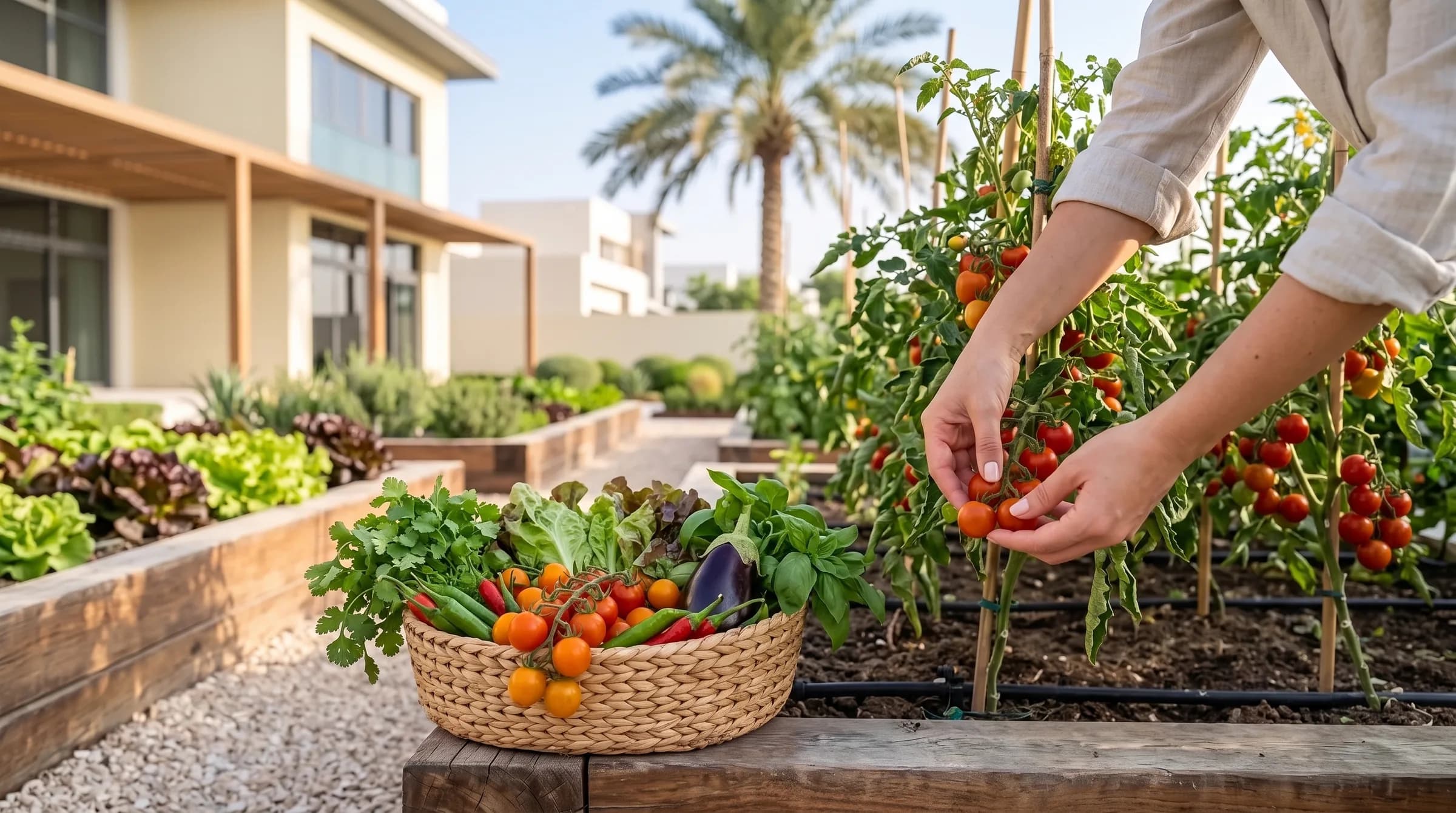 Hands picking cherry tomatoes into a basket of home-grown vegetables and herbs from a raised bed in a Dubai villa garden