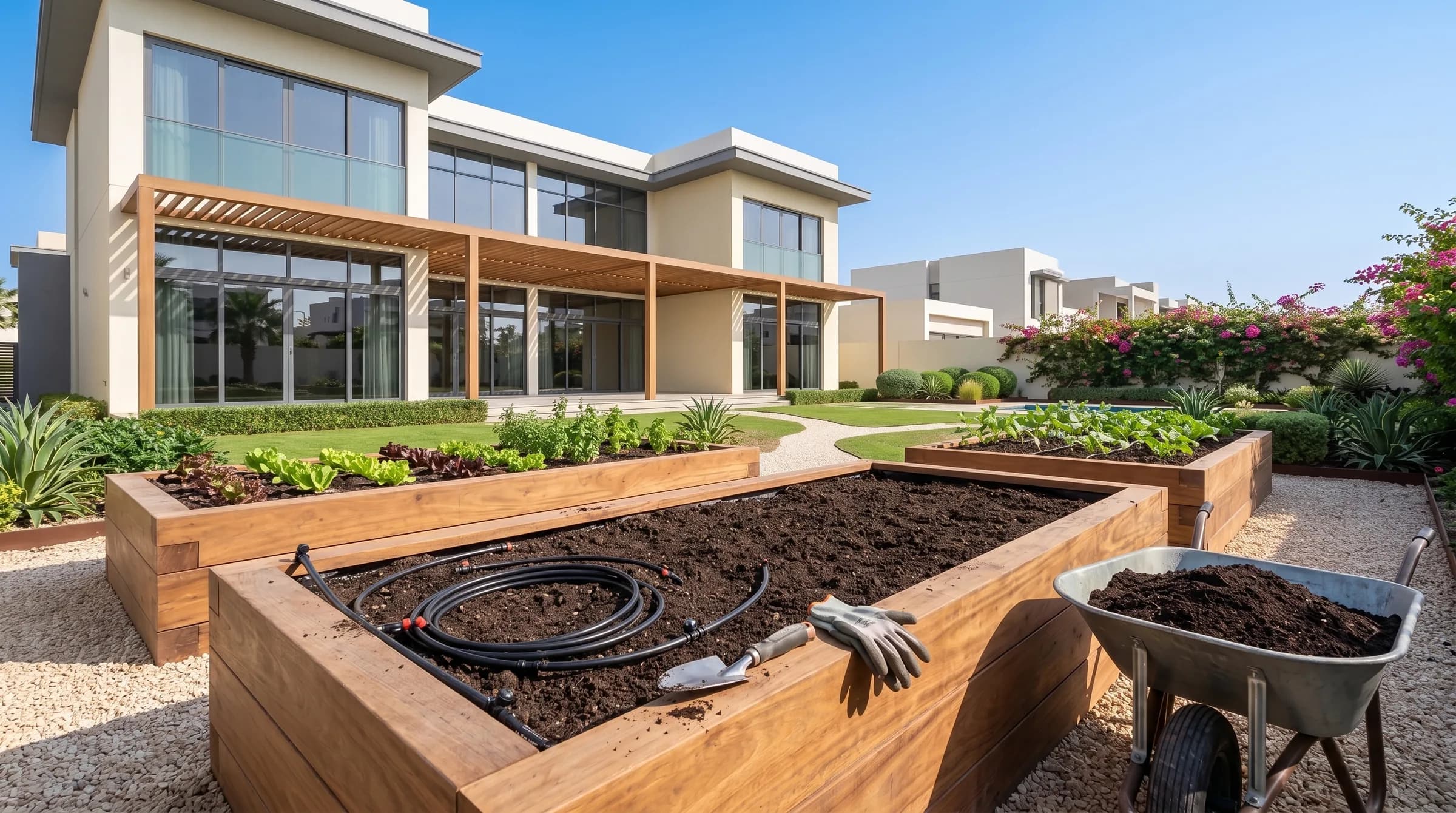 A new timber raised bed being filled with compost-rich soil, with drip line ready to lay, in a Dubai villa garden