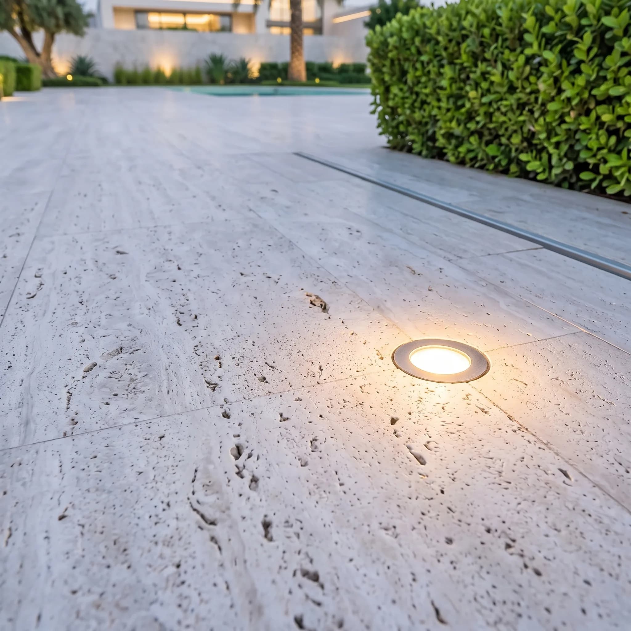 Close-up of warm-lit travertine paving texture with a clipped hedge edge in a luxury Dubai villa garden