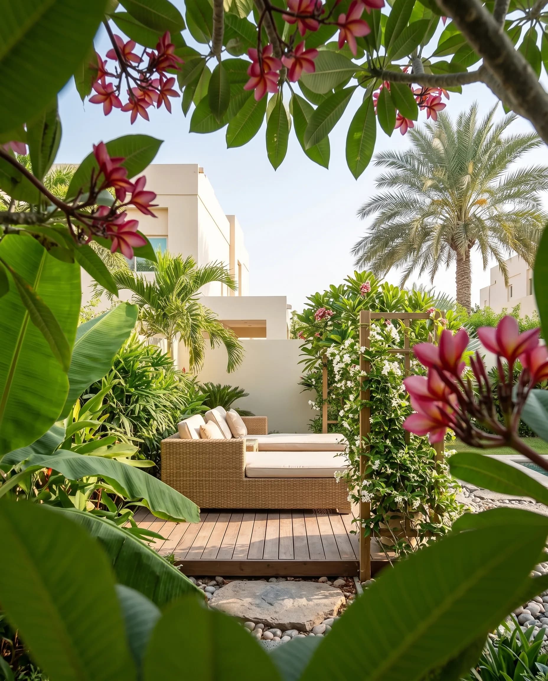 Intimate tropical Dubai villa garden vignette: a rattan daybed framed by frangipani and jasmine on a teak deck