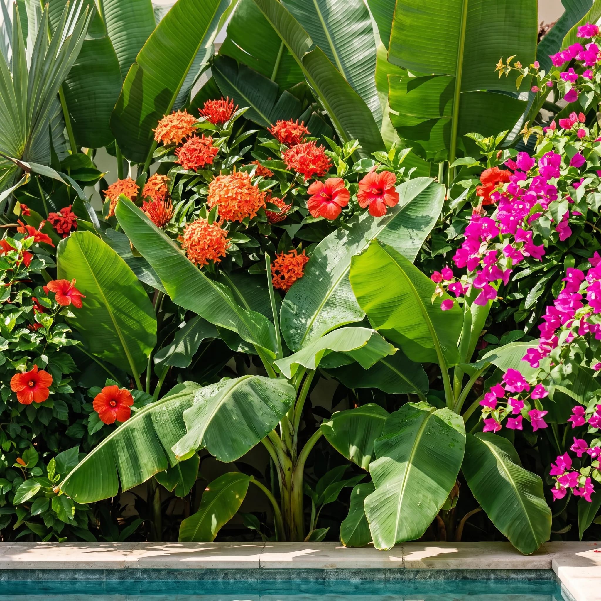 Close-up of saturated tropical foliage and blooms — banana-like leaves, ixora, hibiscus and bougainvillea — beside a Dubai villa plunge pool
