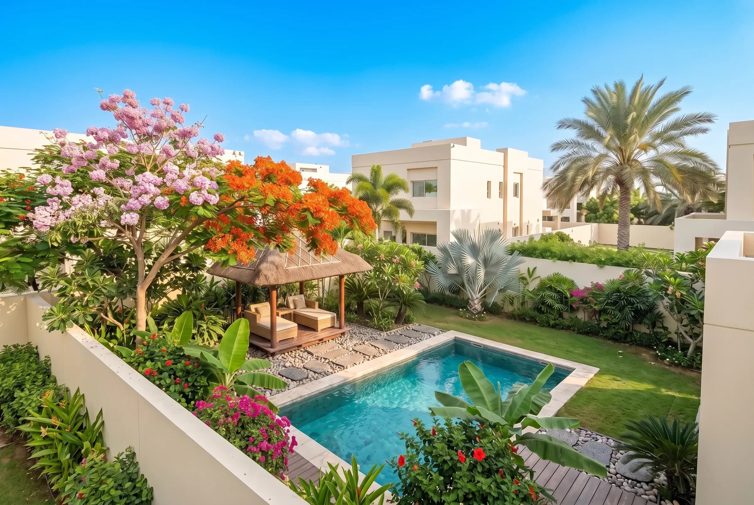 Elevated overview of a full tropical Bali-vibe Dubai villa garden: plunge pool, layered palms and flowering canopy wrapping a cream villa